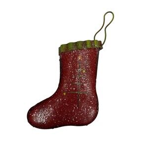 Metal Glitter Christmas Stocking Tree Ornament Holiday Green Stripe Cuff
